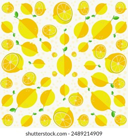 Cute Vector Lemon Hand drawn seamless patterns set. Cartoon summer fruit slice, fresh green leaves, yellow lemons background. Lemonade print repeat texture for wallpaper, fabric design, paper, textile