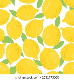 Cute Vector Lemon seamless pattern. Flat summer fresh whole fruits, leaves, lemons print on white background. Lemonade repeat texture for wallpaper, textile, wrapping paper, tropical fabric.