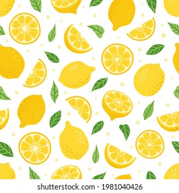 Cute Vector Lemon tropical seamless pattern. Cartoon summer fresh fruit slice, green leaves, half sliced and whole lemons print on white background. Lemonade repeat texture for wallpaper, fabric.