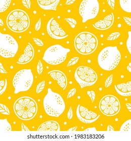 Cute Vector Lemon tropical seamless pattern. Doodle summer fresh fruit slice, leaves, half sliced and whole lemons silhouettes print on yellow background. Lemonade hand drawn repeat texture.