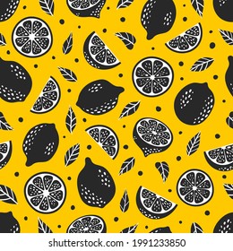 Cute Vector Lemon tropical seamless pattern. Doodle summer fresh fruit slice, leaves, half sliced, whole lemons black white silhouettes print on yellow background. Lemonade hand drawn repeat texture.