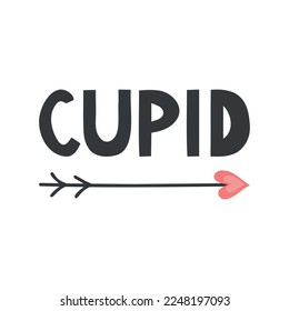 Cute vector lettering, love clipart. Cupid with arrow. Hand drawn doodle illustration.