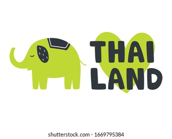Cute vector lettering text Thailand with green heart and nice green elephant. Hand drown artwork in doodle style for t-shirt, touristic promotion, design and concept