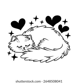Uma ilustração artística vetorial bonito de um gato persa dormindo para o Dia Internacional do Gato, cercado por corações e estrelas sobre fundo branco. Perfeito para impressões, cartões e decoração digital.