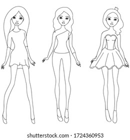 Cute vector line girls as a fashion dolls full length. White background 