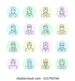 Cute vector line icon of doctor. Hospital, clinic linear logo. Outline doctor sign - surgeon, cardiologist, dentist, therapist, physician, nurse. Design element for site, medical people logotype