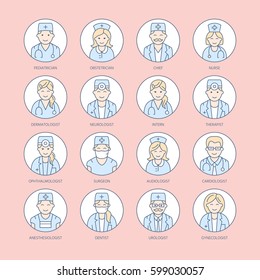 Cute vector line icon of doctor. Hospital clinic linear logo. Outline medical sign - surgeon, cardiologist, dentist, therapist, physician, nurse. Design element site, health business logotype