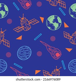 cute vector line rocket and outer space seamless pattern colorful object wallpaper with design dark blue background.