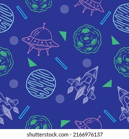 cute vector line rocket and outer space seamless pattern colorful object wallpaper with design dark blue background.