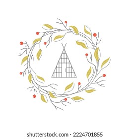 Cute vector line triangle house. Wreath frame with berries. Cute vector logo, card, banner.