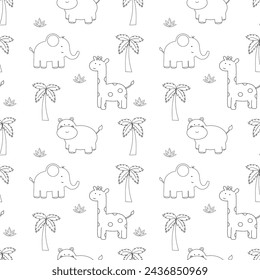 Cute vector linear drawing seamless pattern with safari animals, elephant, hippo, giraffe and tropical plants. African animals line art. Hand drawn, doodle, contour vector pattern.