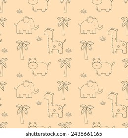 Cute vector linear drawing seamless pattern with safari animals, elephant, hippo, giraffe and tropical plants. African animals line art. Hand drawn, doodle, contour vector pattern on beige background.