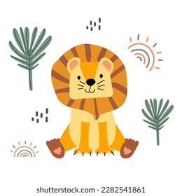 Cute vector lion. Cartoon lion, palm tree, rainbow, doodle. Charming African animal isolated on white background. Little lion cub. Print design on children's t-shirt. Flat style postcard design.