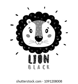 Cute vector lion face. One object on a white background. Cartoon illustration. Scandinavian style