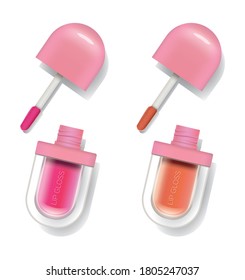 Cute Vector Lip Gloss Packaging Tube Component in Two Shades, Pink and Orange. Cosmetic Mockup for Branding.