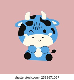 cute vector of a little blue cow blinking one eye. funny, illustrative for children