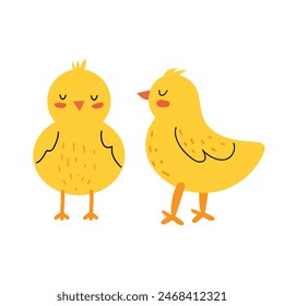 Cute vector little chick. Newborn chicken in the hand drawn style. Domestic bird. Farm animal. White isolated background. 
