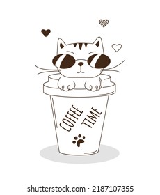 Cute vector little kitty in sunglasses on the cup of coffee on the white background