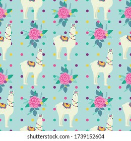 Cute vector llama and rose pattern with polka dots in the background. Great for kids textiles