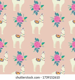 Cute vector llama and rose pattern with polka dots in the background. Great for kids textiles