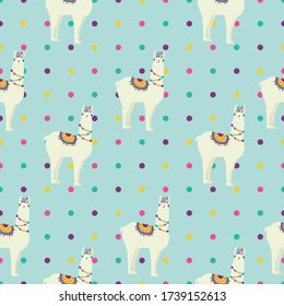 Cute vector llama and rose pattern with polka dots in the background. Great for kids textiles