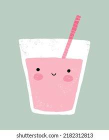 Cute Vector llustration of a Glass of Strawberry Shake. Smiling Glass of Pink Juice on a Mint Blue Background. Funny Grunge Nursery Kawaii Style Print with Happy Pin Drink with Straw.