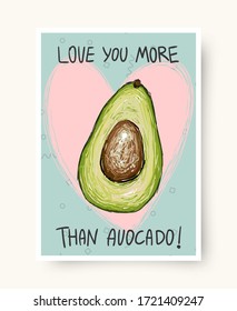 Cute vectorial carta de amor con aguacate y frase Amarte más que aguacate. Para tarjetas de felicitación, banners web, medios sociales.