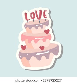 Cute vector love sticker cake. Valentines day cake with text love. Romantic vector icon pack pastel colors