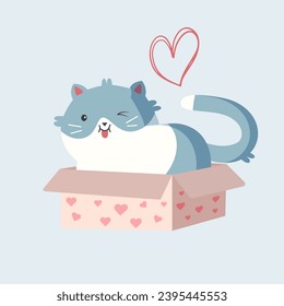 Cute vector love sticker cat. Valentines day cat in box. Romantic vector icon in pastel colors