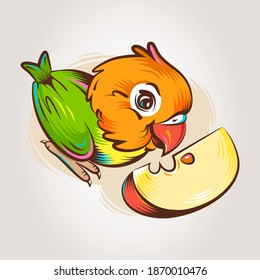 Cute vector lovebird with apple. Vector illustration with green cartoon parrot. Small vector bird.