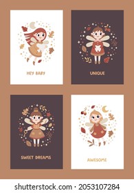 Cute vector magic cards, magical fairy-tale set with tooth fairy, fabulous fairies characters, autumn leaves, berries, branches, plants, bubble, wings, stars