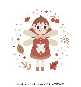 Ilustración mágica vectorial con carácter de hada dental, hojas de otoño, bayas, ramas, plantas, burbujas, alas, estrellas