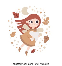 Cute vector magic illustration  with tooth fairy character, autumn leaves, berries, branches, plants, bubble, wings, stars