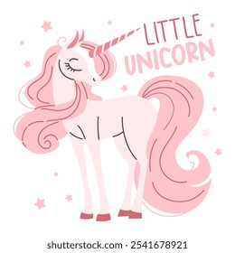 Cute vector magic unicorn with long mane and tail. Flat vector illustration in childish simple style on white background, stars and lettering