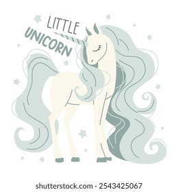 Cute vector magic unicorn with long mane and tail. Flat vector illustration in childish simple style on white background, stars and lettering