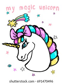 Cute vector magic unicorn, stars, comets, diamonds. Stickers and patches.
