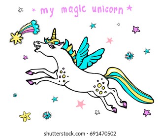 Cute vector magic unicorn, stars, comets, diamonds. Stickers and patches.