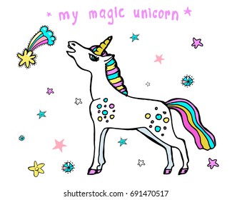 Cute vector magic unicorn, stars, comets, diamonds. Stickers and patches.