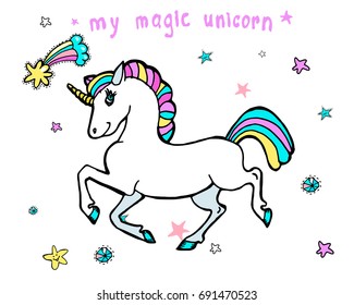 Cute vector magic unicorn, stars, comets, diamonds. Stickers and patches.