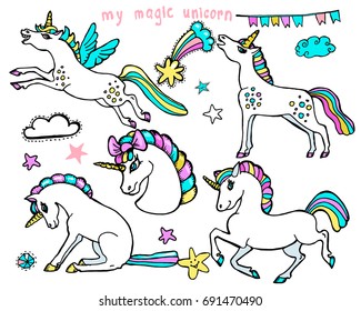 Cute vector magic unicorns, stars, comets, diamonds. Hand drawn  set. 