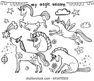Cute vector magic unicorns, stars, comets, diamonds. Hand drawn monochrome set. 