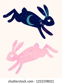 Cute vector magical fabulous bunnies are jumping. star space silhouette.
