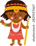 Cute vector man from African tribe. Savanna native tribesman illustration. Aboriginal from savannah region wearing traditional clothes, beads, necklace, bracelets, band and belt holding spear