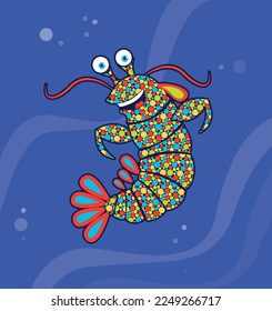 Cute vector mantis shrimp character on a water background