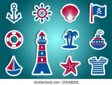 Cute vector marine and pirate labels with shadows