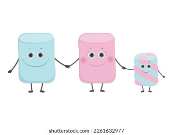 Cute vector marshmallows illustration isolated on white background. Funny cartoon family. Mum, dad and child. Colorful candy