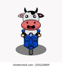 cute vector mascot illustration of a cow riding a motorbike