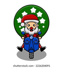 cute vector mascot illustration of santa riding a motorbike and bringing gifts