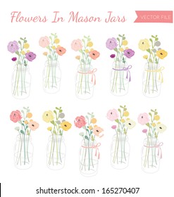 Cute Vector Mason Jars With Flowers Bouquets