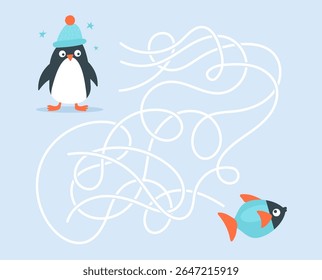 Jogo de labirinto de vetor bonito com um pinguim em um chapéu de inverno tentando alcançar um peixe. Atividade educacional divertida e colorida para crianças com animais árticos e um tema de neve divertido